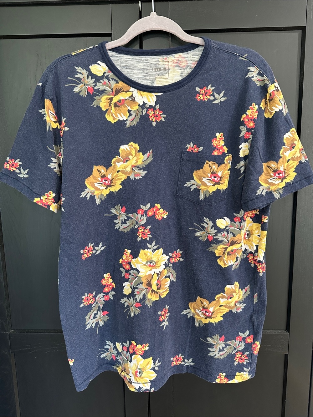 Kids Navy Floral Pocket Tee - Yellow Flower Print